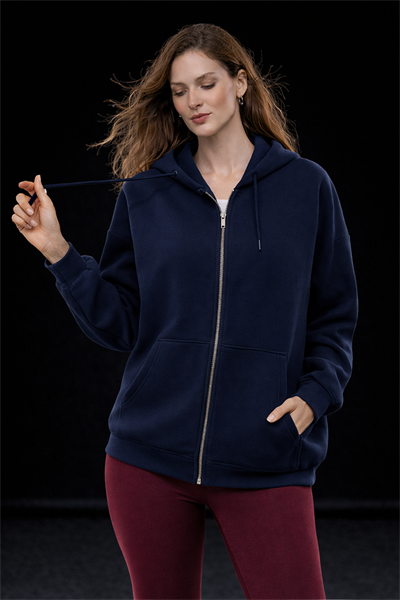 Kadın Lacivert Oversize Salaş Şardonlu Pamuk 3 İplik Penye Kapüşonlu Kanguru Cepli Sweatshirt