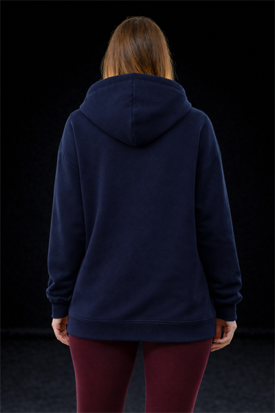 Kadın Lacivert Oversize Salaş Şardonlu Pamuk 3 İplik Penye Kapüşonlu Kanguru Cepli Sweatshirt