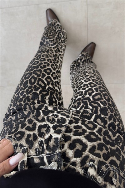 Kadın Leopar Desenli Straight Fit Yüksek Bel Orijinal Zr jean