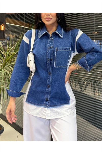Kadın Mavi Jean Twst Model Tasarım Poplin Gömlek