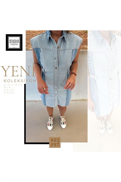 Kadın Mavi Marka Muadil Tasarım Premium  Model Çift Renk Jean Elbise