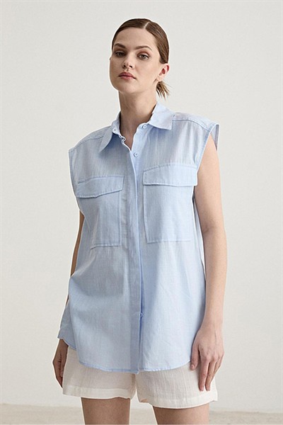 Kadın Mavi Oversize Kolsuz Astarsız %100 Pamuk Gömlek