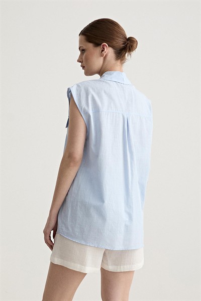 Kadın Mavi Oversize Kolsuz Astarsız %100 Pamuk Gömlek