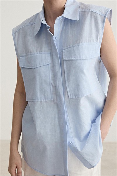 Kadın Mavi Oversize Kolsuz Astarsız %100 Pamuk Gömlek