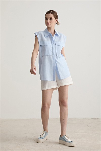 Kadın Mavi Oversize Kolsuz Astarsız %100 Pamuk Gömlek