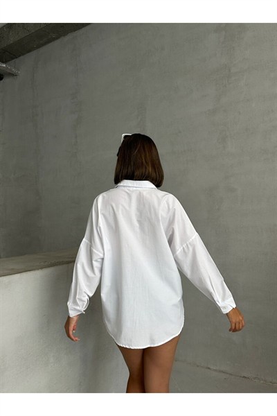 Kadın Mavi Pullu Kot Cep Detaylı Pamuklu Gömlek