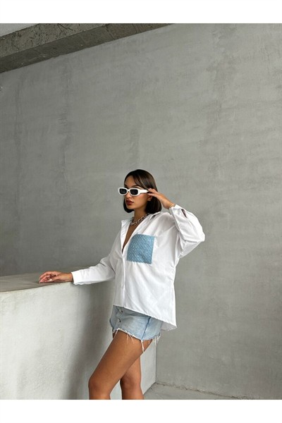 Kadın Mavi Pullu Kot Cep Detaylı Pamuklu Gömlek