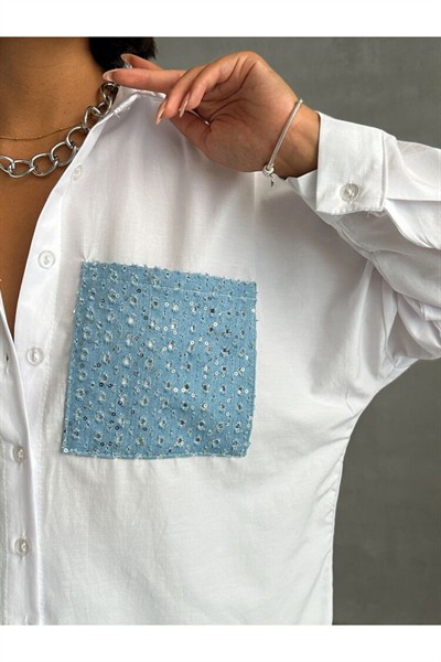 Kadın Mavi Pullu Kot Cep Detaylı Pamuklu Gömlek