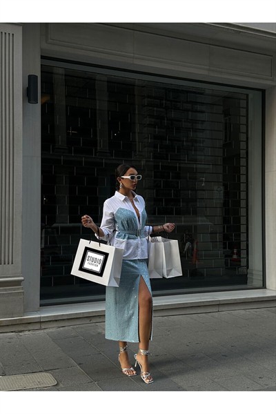 Kadın Mavi Pullu Tasarım Pamuklu Yarı Astarlı Kot Etek