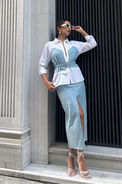 Kadın Mavi Pullu Tasarım Pamuklu Yarı Astarlı Kot Etek