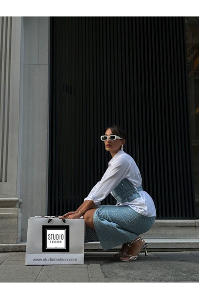 Kadın Mavi Pullu Tasarım Pamuklu Yarı Astarlı Kot Etek