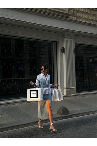 Kadın Mavi Pullu Tasarım Pamuklu Yarı Astarlı Kot Etek