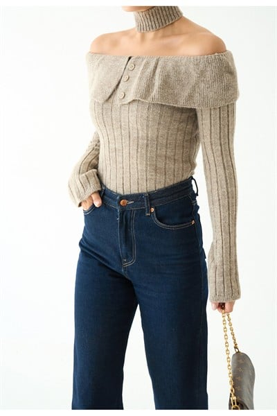 Kadın Omuz Dekolteli Boyun Aksesuarlı Premium Triko Kazak