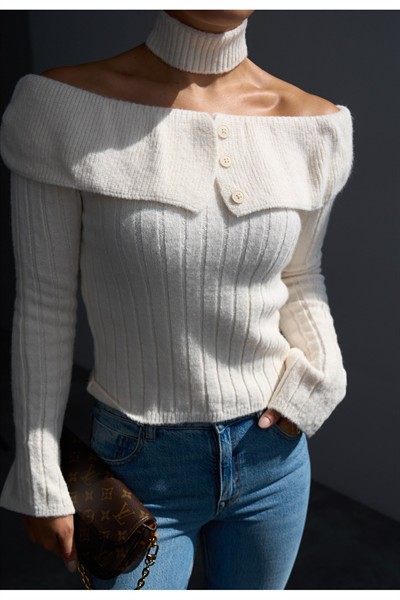 Kadın Omuz Dekolteli Boyun Aksesuarlı Premium Triko Kazak