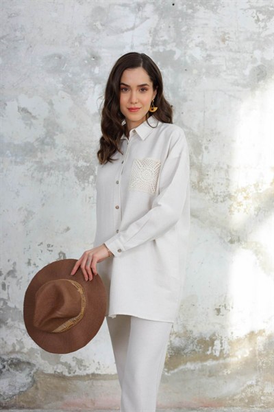 Kadın Oversize Cep Detaylı Pamuk Keten Gömlek