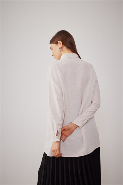 Kadın Oversize Yaprak Motif İncili Pamuk Gömlek