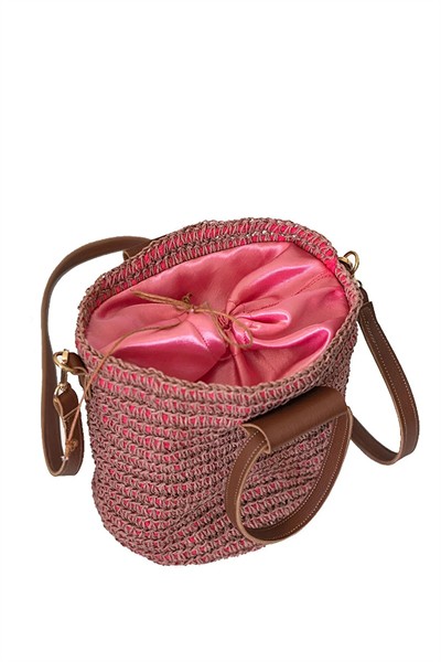 Kadın Pembe Örme Dokuma %100 Organik Astarlı Hasır Çapraz ve El Çanta