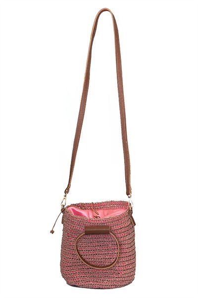 Kadın Pembe Örme Dokuma %100 Organik Astarlı Hasır Çapraz ve El Çanta