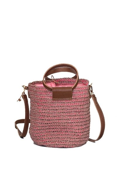 Kadın Pembe Örme Dokuma %100 Organik Astarlı Hasır Çapraz ve El Çanta