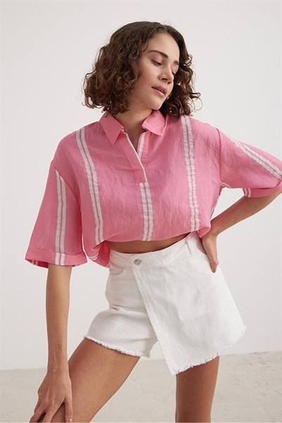 Kadın Pembe Oversize Kısa Kol Çizgili Modal Gömlek