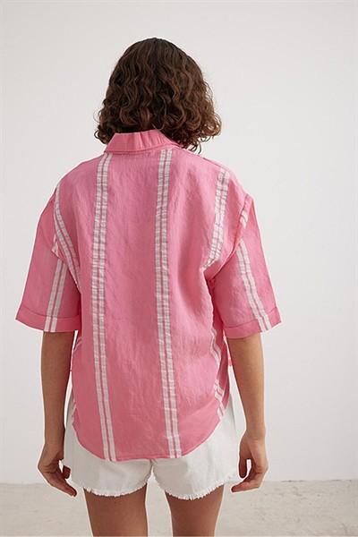 Kadın Pembe Oversize Kısa Kol Çizgili Modal Gömlek