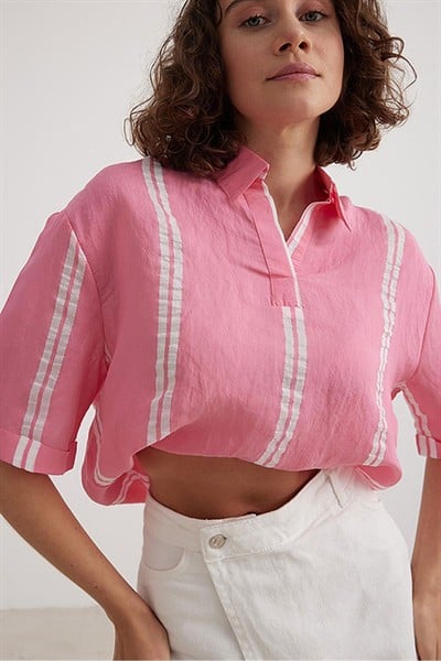 Kadın Pembe Oversize Kısa Kol Çizgili Modal Gömlek