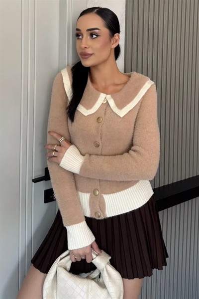 Kadın Kahve Premium Bebe Yaka Yumoş İplik Triko Ceket