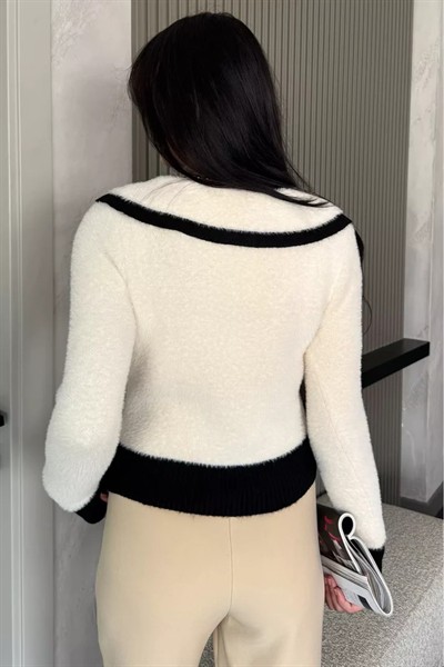 Kadın Beyaz Premium Bebe Yaka Yumoş İplik Triko Ceket