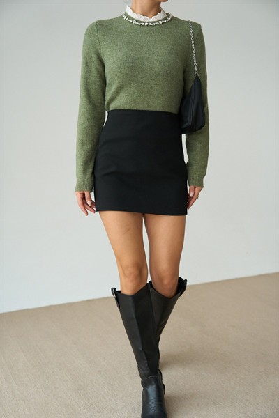 Kadın Premium Dantel Detaylı Bisiklet Yaka Taşlı Kazak