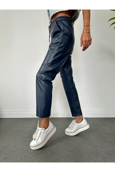 Kadın Premium Kumaş Beli Bağcıklı Diz Şerit Çimalı Detaylı Jogger Yüksek Bel Deri Pantolon