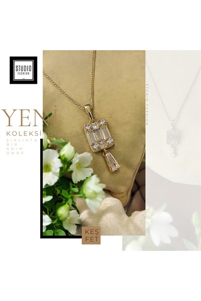 Kadın Premium Kuyumcu İşçilik Premium Rodyum Kaplama Taşlı Modern Tasarım Kolye