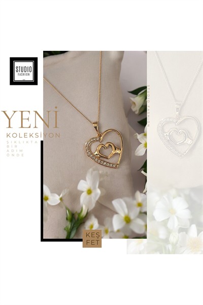 Kadın Premium Kuyumcu İşçilik Rodyum Kaplama Taşlı Modern Tasarım Kalp Kolye