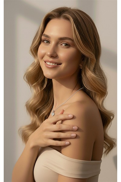 Kadın Premium Kuyumcu İşçilik Rodyum Kaplama Taşlı Minimal Kalp Modern Tasarım Kolye