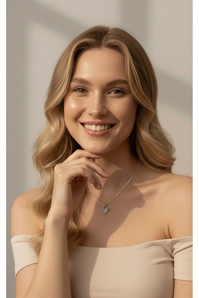 Kadın Premium Kuyumcu İşçilik Rodyum Kaplama Taşlı Minimal Kalp Modern Tasarım Kolye