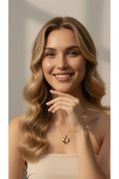 Kadın Premium Kuyumcu İşçilik Rodyum Kaplama Zirkon Taşlı Modern Tasarım Kalp Kolye
