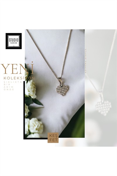Kadın Premium Kuyumcu İşçilik Rodyum Kaplama Taşlı Minimal Kalp Modern Tasarım Kolye