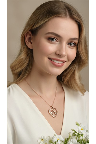 Kadın Premium Kuyumcu İşçilik Rodyum Kaplama Taşlı Modern Tasarım Kalp Kolye