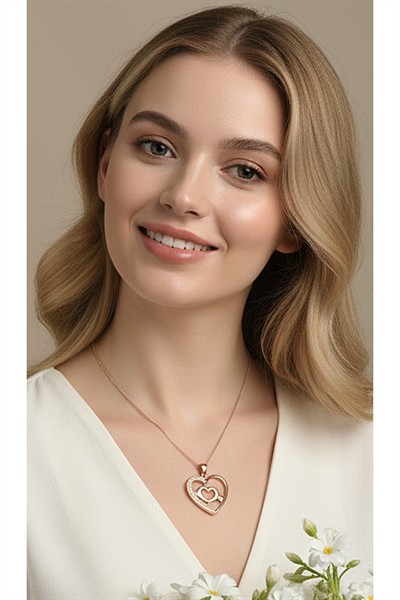 Kadın Premium Kuyumcu İşçilik Rodyum Kaplama Taşlı Modern Tasarım Kalp Kolye