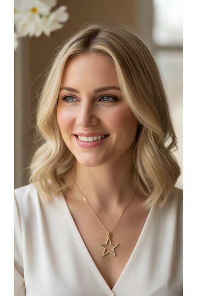 Kadın Premium Kuyumcu İşçilik Rodyum Kaplama İncili Yıldız Modern Tasarım Kolye