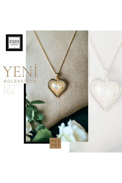 Kadın Premium Kuyumcu İşçilik Vip Rodyum Kaplama Tasarım İncili Kalp Kolye