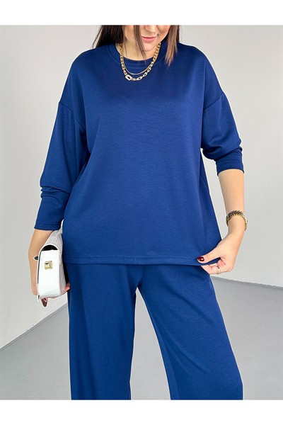 Kadın Lacivert Premium Modal Kumaş Bisiklet Yaka Uzun Kol Basic İkili Takım