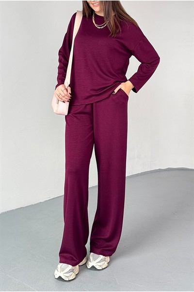 Kadın Bordo Premium Modal Kumaş Bisiklet Yaka Uzun Kol Basic İkili Takım