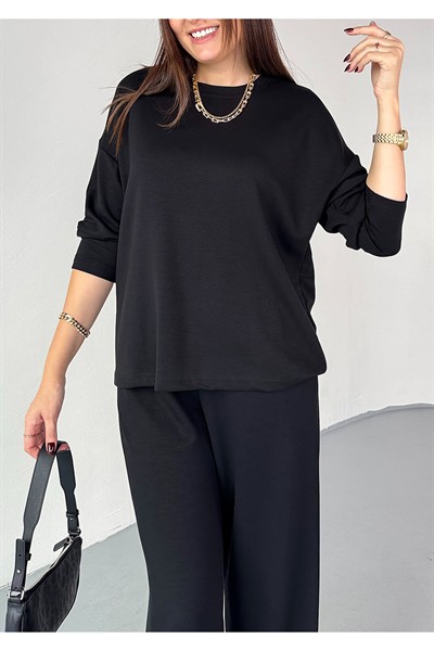 Kadın Siyah Premium Modal Kumaş Bisiklet Yaka Uzun Kol Basic İkili Takım