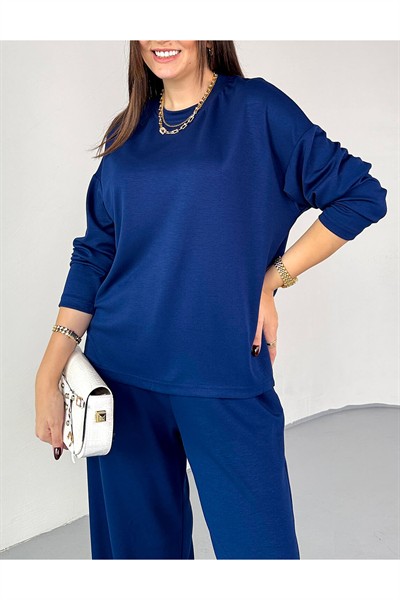 Kadın Lacivert Premium Modal Kumaş Bisiklet Yaka Uzun Kol Basic İkili Takım