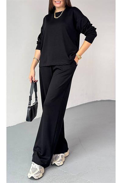 Kadın Siyah Premium Modal Kumaş Bisiklet Yaka Uzun Kol Basic İkili Takım