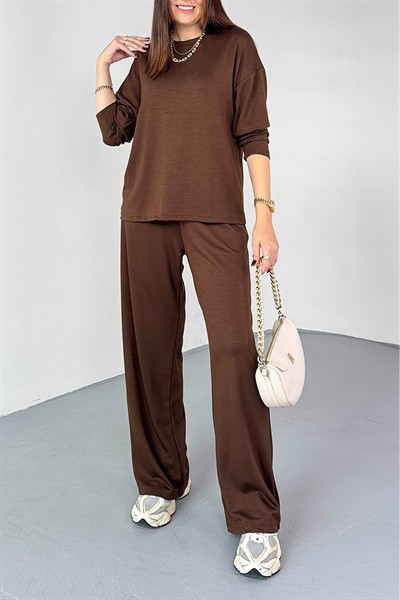 Kadın Kahve Premium Modal Kumaş Bisiklet Yaka Uzun Kol Basic İkili Takım