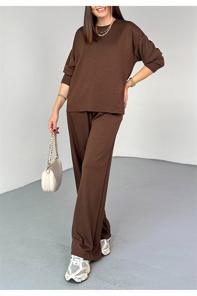 Kadın Kahve Premium Modal Kumaş Bisiklet Yaka Uzun Kol Basic İkili Takım