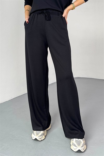 Kadın Siyah Premium Modal Kumaş Bisiklet Yaka Uzun Kol Basic İkili Takım