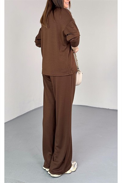 Kadın Kahve Premium Modal Kumaş Bisiklet Yaka Uzun Kol Basic İkili Takım