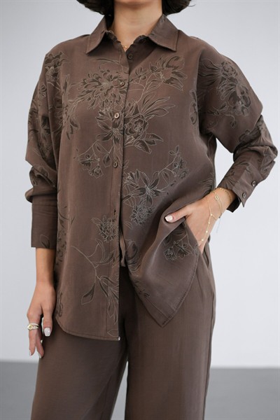 Kadın Kahve Premium Modal Salaş Gömlek Pantolon Takım